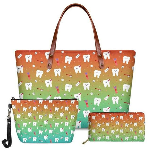 Happy Teeth Tote Handbag Cosmetic Bag and Wallet Set